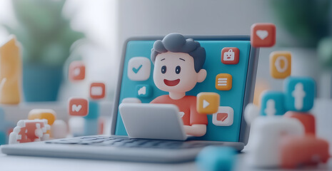 Wall Mural - A cartoon boy is sitting in front of a laptop with a smile on his face