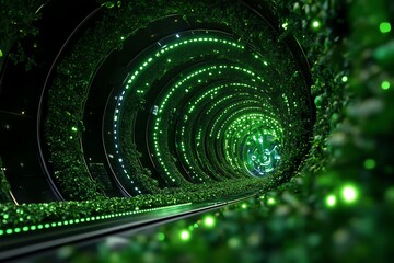 Poster - Abstract image of a futuristic tunnel with vibrant green lights and intricate patterns, conveying a sense of technology and innovation.