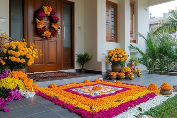 Beautifully decorated home entrance with rangoli, flowers, and diyas