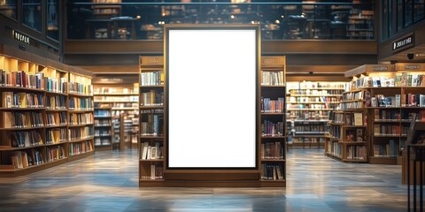 Canvas Print - Blank Ad in Library,White blank billboard on bookstore, for advertising, mockup presentations, announcements, promotions, and digital marketing.blank sign poster in bookstore shop banner