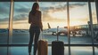 © The Little Hut - Travelyoung woman at airport at window with suitcase waiting for plane girl waiting for departure at the airport on your vacation : Generative AI