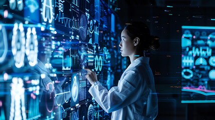 Wall Mural - woman interacting with digital interface
