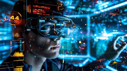 Wall Mural - man wearing vr headset experiencing immersive digital world