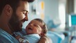 © The Little Hut - Side view of happy father holding newborn son in hospital : Generative AI