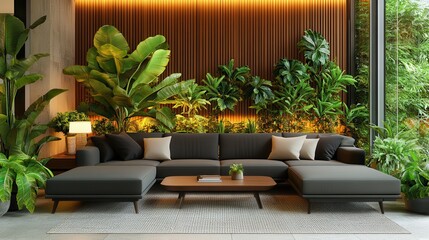 Poster - Modern living room interior with green plants and wooden wall.