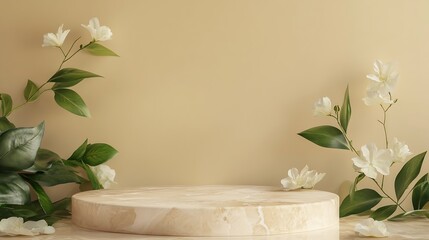 Aufkleber - light beige marble stone podium stand for cosmetics and product display on abstract beige background with flowers and green leaves : Generative AI