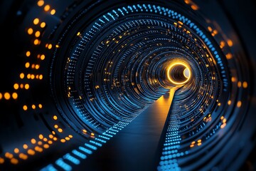 Fototapete - Futuristic light tunnel with glowing blue and orange neon lights, symbolizing advanced technology and innovation in a digital world.