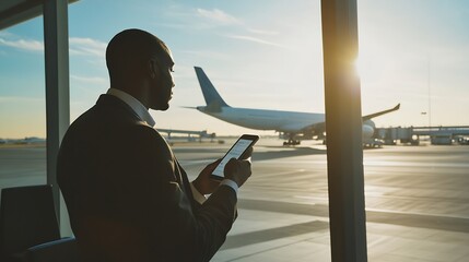 Aufkleber - Black man with phone airport window and plane taking off checking flight schedule terminal for business trip Technology travel and businessman reading international travel restrictions : Generative AI