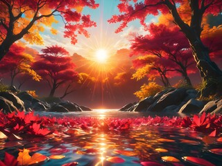 Wall Mural - Experience the serene beauty of autumn with this stunning landscape featuring the sun casting a warm glow over tranquil waters. The vibrant hues of fall foliage reflect on the surface