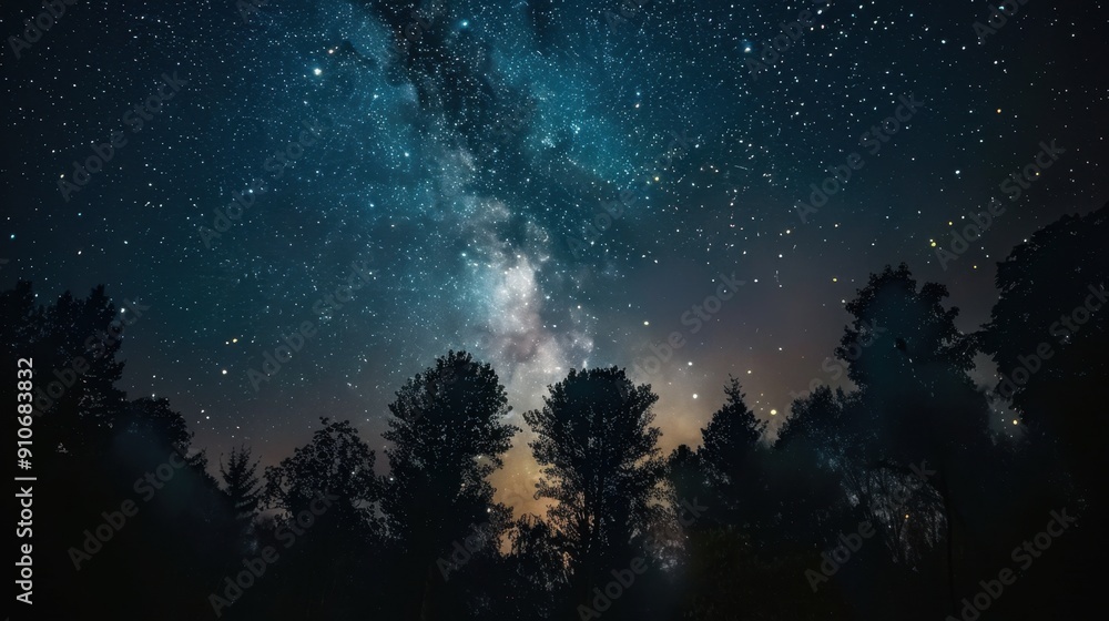 Stunning night sky with the Milky Way visible over silhouetted trees on ...