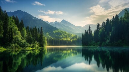 Wall Mural - Lake landscape in green forest Beautiful nature landscape among green mountains lake view and green trees in mountain forest in summer Stunning nature scenery in jungle nature travel i : Generative AI