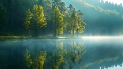 Wall Mural - Unsurpassed quiet lake in the morning light surrounded by a forest tree reflection on the water surface Location place Small Polissya Ukraine Europe Photo wallpaper Discover the beauty : Generative AI