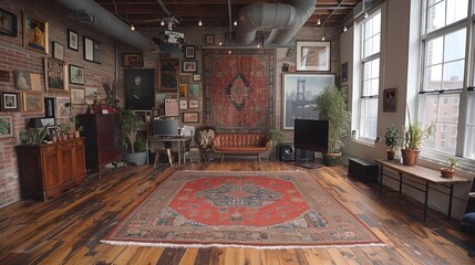 Poster - Modern Loft Interior with Brick Wall, Rugs, and Large Windows