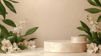 Aufkleber - light beige marble stone podium stand for cosmetics and product display on abstract beige background with flowers and green leaves : Generative AI
