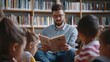 © The Little Hut - Male teacher reading a book to students while sitting in school library Librarian read a fairy tale to a group of multiethnic primary schoolchildren Mid adult man at elementary school  : Generative AI