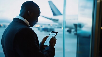 Aufkleber - Black man with phone airport window and plane taking off checking flight schedule terminal for business trip Technology travel and businessman reading international travel restrictions : Generative AI