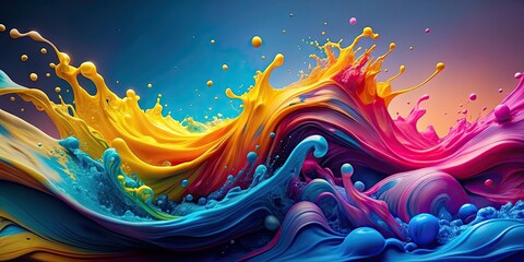 Blue, yellow, and pink wavy splash colorful liquid background with abstract design and vibrant colors, liquid, splash, wave