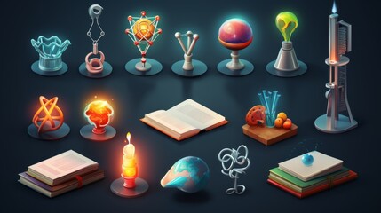 Sticker - 3d render vector set of school science and education icons including microscope, atom, virus, test tube, books, brain, light bulb, and graduation cap for academic learning and research illustrations

