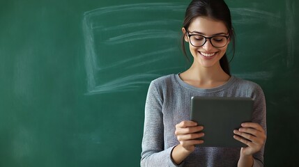 Young smiling smart IT teacher woman wear grey casual shirt glasses use digital tablet pc computer isolated on green wall chalk blackboard background studio Education in high school co : Generative AI