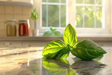 Sticker - Closeup of fresh basil leaves on a kitchen counter with a blurred background of a window and kitchen.