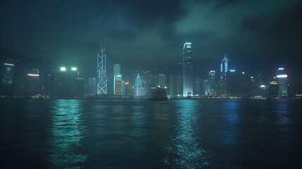 Poster - Beautiful light trials effect on Hong Kong skyscape at night : Generative AI