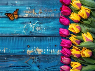 Wall Mural - Pink and yellow tulips with a butterfly on a blue wooden background. AI.