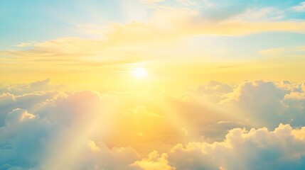 Poster - majestic morning colorful sunlight brush in air heavenly light reflected on fluffy clouds in golden time bright sun beams rays over panoramic view in summer gorgeous season freedom n p : Generative AI