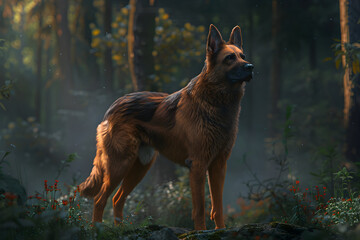 Wall Mural - German Shepherd dog standing in a misty forest.