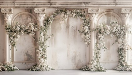 White Flower Decorated Archway with Ornate Pillars