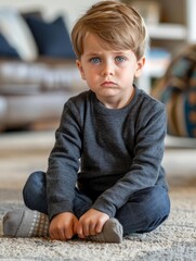 Poster - A young boy sitting on the floor in front of a couch. AI.