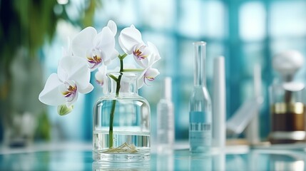 Poster -  Elegant white orchid flower displayed in a glass flask with test tubes, set against a modern science cosmetic laboratory background, emphasizing beauty and innovation in scientific research and cosme