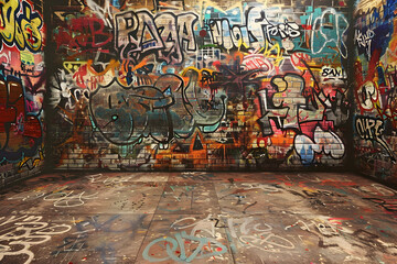 Wall Mural - Colorful graffiti on brick wall with empty floor space.