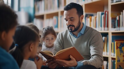 Male teacher reading a book to students while sitting in school library Librarian read a fairy tale to a group of multiethnic primary schoolchildren Mid adult man at elementary school  : Generative AI