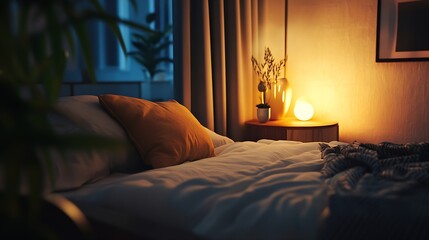 Poster - Soft bed nightlights and cozy furniture indoors : Generative AI