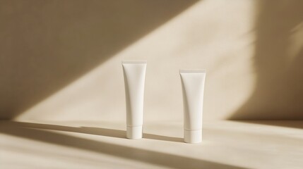 Aufkleber - Two white skincare tubes are cast in soft shadows on a beige surfacecreating an elegant and minimalistic cosmetic presentation : Generative AI