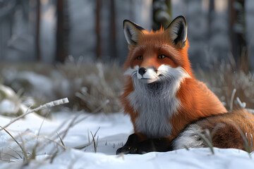 Sticker - A red fox sits in a snowy forest, its eyes gazing out at the viewer.