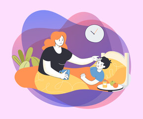 Wall Mural - Cartoon mother taking care of child sick with flu or cold. Ill kid with fever and sore throat in bed flat vector illustration. Health, care, family concept for banner, website design or landing page