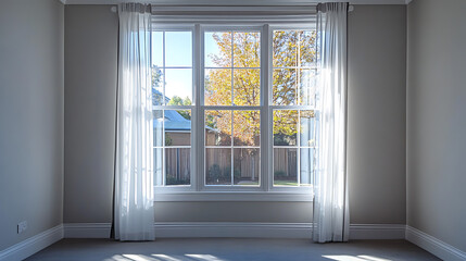 A photo of an empty room with two windows, white walls, and grey trim