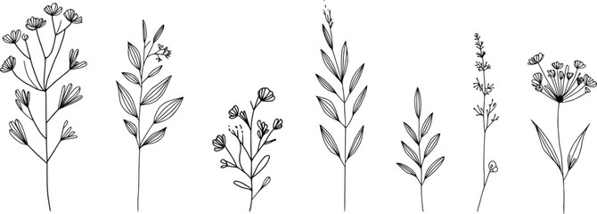 Wall Mural - Set of floral line art branch, leaf, plants. Botanic outline pencil sketch draw leaves isolated on white background. Hand drawn vector illustration