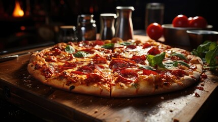 Sticker - A freshly made pizza on a wooden board, garnished with tomatoes and basil.