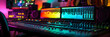© sornram - Vibrant music studio with colorful lights, showcasing a professional audio mixing console and sound equipment. Perfect for creativity.