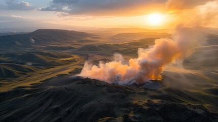 Poster - A volcanic eruption at sunset. AI.