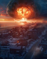Wall Mural - a mushroom cloud rises over a small town. ai.