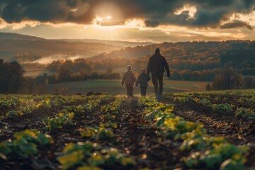 Canvas Print - A father and his two sons walk across a field at sunset. AI.