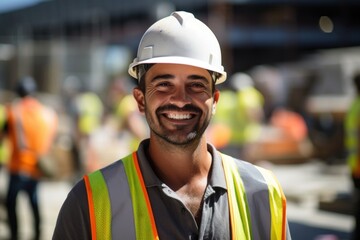 Wall Mural - Construction worker working smile portrait hardhat.