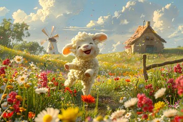 Joyful Lamb in a Flower Field