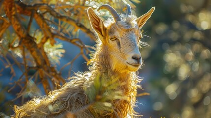 Sticker - A goat with fluffy fur looks at the camera. AI.