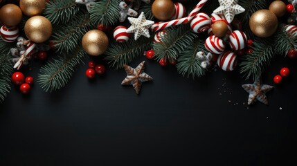 Wall Mural - The image displays a festive Christmas tree decoration with holiday ornaments, garlands, and candy. The background is a black surface.