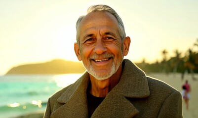 Wall Mural - Medium shot portrait video of a pleased man in his 60s wearing a versatile overcoat against an island or beach paradise background