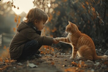 Canvas Print - Kid playing with a cat portrait animal mammal.